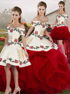 Sleeveless Tulle Floor Length Lace Up Sweet 16 Quinceanera Dress in White And Red with Embroidery and Ruffles