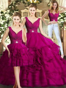 V-neck Sleeveless Backless Sweet 16 Dresses Fuchsia Organza