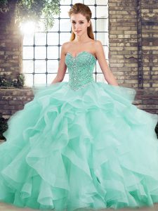 Apple Green Sleeveless Tulle Brush Train Lace Up Quinceanera Dresses for Military Ball and Sweet 16 and Quinceanera