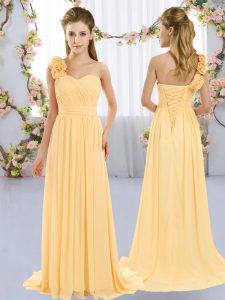 One Shoulder Sleeveless Brush Train Lace Up Quinceanera Court of Honor Dress Gold Chiffon