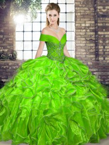 Custom Design Sleeveless Organza Floor Length Lace Up Quince Ball Gowns in with Beading and Ruffles