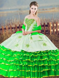 Romantic Green Ball Gowns Sweetheart Sleeveless Organza Floor Length Lace Up Beading and Ruffled Layers Quince Ball Gowns