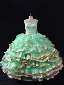Perfect Sweetheart Sleeveless 15th Birthday Dress Floor Length Ruffles Apple Green Organza
