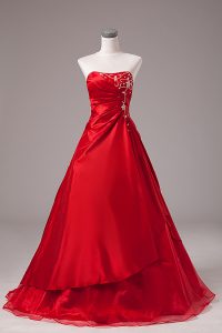 Glamorous Strapless Sleeveless Lace Up Quinceanera Dress Wine Red Organza