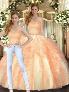 Spectacular Sleeveless Organza Floor Length Lace Up Sweet 16 Dress in Orange with Beading and Ruffles
