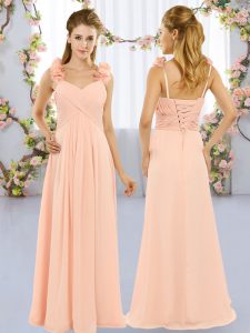 Sleeveless Floor Length Hand Made Flower Lace Up Quinceanera Court Dresses with Peach
