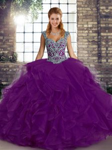 Sumptuous Beading and Ruffles Ball Gown Prom Dress Purple Lace Up Sleeveless Floor Length