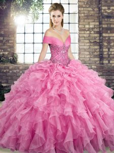 Rose Pink Sweet 16 Quinceanera Dress Organza Brush Train Sleeveless Beading and Ruffles