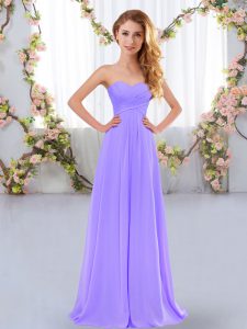 Dramatic Lavender Empire Sweetheart Sleeveless Chiffon Floor Length Lace Up Ruching Dama Dress for Quinceanera