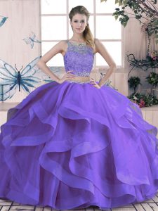 Sleeveless Floor Length Beading and Ruffles Lace Up Quince Ball Gowns with Purple