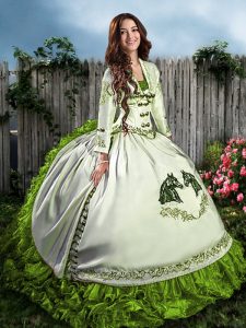 Olive Green Lace Up Sweetheart Embroidery and Ruffles Ball Gown Prom Dress Organza Sleeveless
