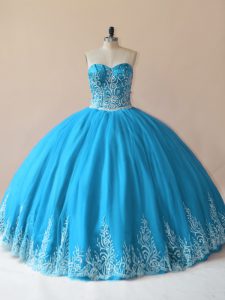 Popular Sleeveless Tulle Floor Length Lace Up Sweet 16 Dresses in Baby Blue with Embroidery