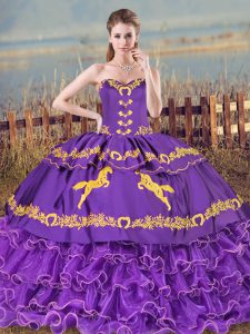 Most Popular Purple 15th Birthday Dress Sweet 16 and Quinceanera with Embroidery and Ruffled Layers Sweetheart Sleeveless Lace Up