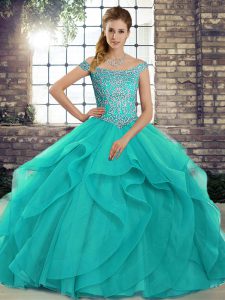Sumptuous Aqua Blue Quince Ball Gowns Military Ball and Sweet 16 and Quinceanera with Beading and Ruffles Off The Shoulder Sleeveless Brush Train Lace Up