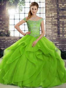 Green Quinceanera Gowns Military Ball and Sweet 16 and Quinceanera with Beading and Ruffles Off The Shoulder Sleeveless Brush Train Lace Up