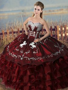 Custom Fit Burgundy Ball Gowns Embroidery and Ruffles Vestidos de Quinceanera Lace Up Satin and Organza Sleeveless Floor Length