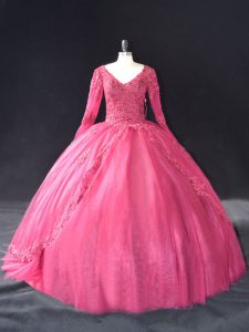 Long Sleeves Floor Length Lace and Appliques Lace Up Quince Ball Gowns with Hot Pink