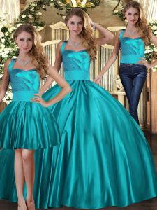 Sleeveless Satin Floor Length Lace Up Quinceanera Gown in Teal with Ruching