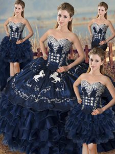 Traditional Sweetheart Sleeveless Lace Up Quinceanera Dress Navy Blue Organza