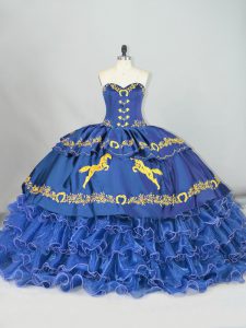 Luxury Blue Ball Gowns Satin and Organza Sweetheart Sleeveless Embroidery and Ruffled Layers Lace Up 15 Quinceanera Dress Brush Train