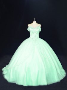 High Class Ball Gowns Sleeveless Apple Green Ball Gown Prom Dress Court Train Lace Up