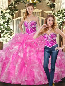 Rose Pink Sleeveless Beading and Ruffles Ball Gown Prom Dress