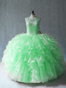 Chic Organza Lace Up Scoop Sleeveless Floor Length Quinceanera Gown Beading and Ruffles