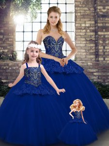 Pretty Royal Blue Tulle Lace Up Sweet 16 Dress Sleeveless Floor Length Beading and Appliques