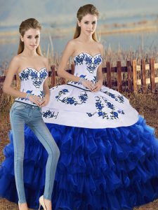 Sleeveless Floor Length Embroidery and Ruffled Layers and Bowknot Lace Up Quinceanera Gowns with Royal Blue