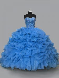 Blue Sweet 16 Dress Sweet 16 and Quinceanera with Beading and Ruffles Sweetheart Sleeveless Lace Up