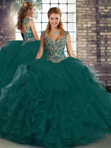 Straps Sleeveless Lace Up Sweet 16 Dress Peacock Green Tulle