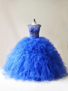 Hot Selling Royal Blue Tulle Lace Up Quinceanera Gown Sleeveless Floor Length Beading and Ruffles