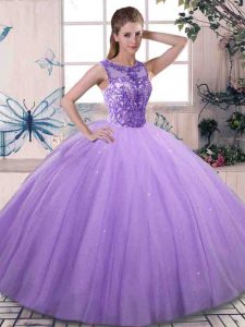 Tulle Scoop Sleeveless Lace Up Beading Sweet 16 Dress in Lavender