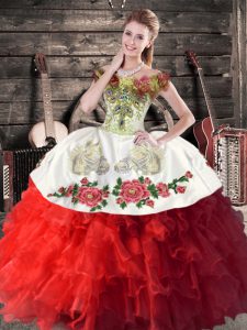 White And Red Sleeveless Floor Length Embroidery and Ruffles Lace Up Vestidos de Quinceanera