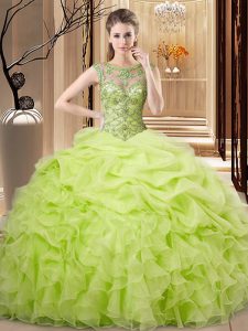 Sleeveless Floor Length Beading and Ruffles and Pick Ups Lace Up Ball Gown Prom Dress with Yellow Green
