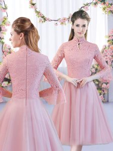 Pink Tulle Zipper High-neck 3 4 Length Sleeve Tea Length Damas Dress Lace