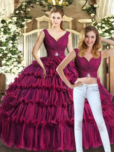 Burgundy Ball Gowns Beading and Ruffled Layers Quinceanera Gowns Backless Organza Sleeveless Floor Length