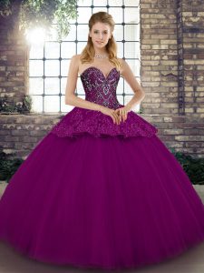Ideal Sleeveless Floor Length Beading and Appliques Lace Up Ball Gown Prom Dress with Fuchsia