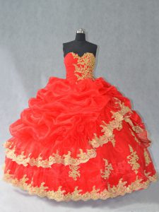 Floor Length Red Sweet 16 Dresses Organza Sleeveless Lace and Appliques and Pick Ups