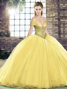 Decent Gold Ball Gowns Off The Shoulder Sleeveless Organza Brush Train Lace Up Beading Sweet 16 Dresses