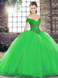 Hot Sale Green Quinceanera Gowns Military Ball and Sweet 16 and Quinceanera with Beading Off The Shoulder Sleeveless Brush Train Lace Up