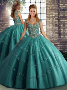 Sleeveless Floor Length Beading and Appliques Lace Up Sweet 16 Quinceanera Dress with Teal