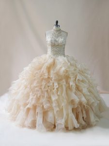 Floor Length Lace Up Quinceanera Gowns Champagne for Sweet 16 and Quinceanera with Beading and Ruffles