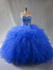 Free and Easy Floor Length Royal Blue Quinceanera Dresses Tulle Sleeveless Beading and Ruffles