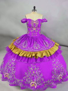 On Sale Purple Off The Shoulder Neckline Embroidery Quince Ball Gowns Sleeveless Lace Up