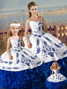 Attractive Blue And White Lace Up Sweetheart Embroidery and Ruffles Quince Ball Gowns Organza Sleeveless