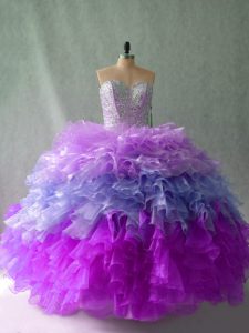 Cheap Sleeveless Floor Length Beading and Ruffles Lace Up Quinceanera Gown with Multi-color