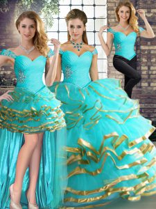 New Style Floor Length Three Pieces Sleeveless Aqua Blue Quince Ball Gowns Lace Up