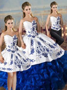 Embroidery and Ruffles Quinceanera Dresses Blue And White Lace Up Sleeveless Floor Length