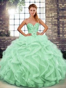 High Quality Sleeveless Tulle Floor Length Lace Up Ball Gown Prom Dress in Apple Green with Beading and Ruffles